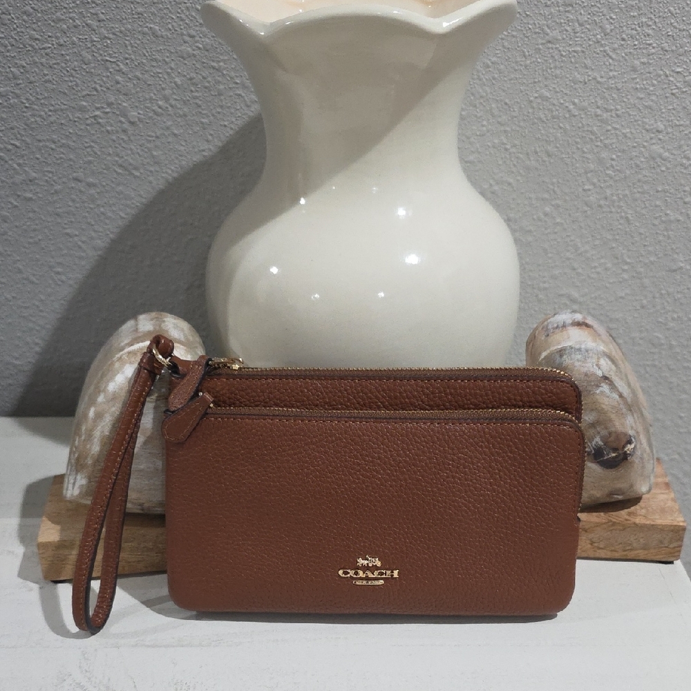 Coach Pebbled Leather Saddle Tan Wristlet